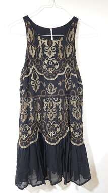 Free People Sugar and Spice Black Gold Embroidered Sleeveless Mini Dress XS